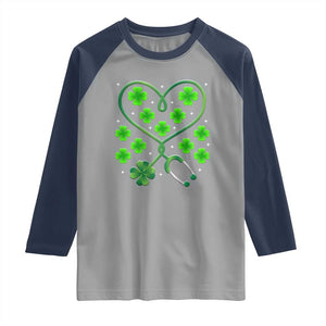 Funny Nurse St Patricks Day Raglan Shirt Nursing Stethoscope Green Clover Shamrock TS02 Sport Gray Navy Print Your Wear