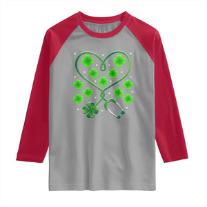 Funny Nurse St Patricks Day Raglan Shirt Nursing Stethoscope Green Clover Shamrock TS02 Sport Gray Red Print Your Wear