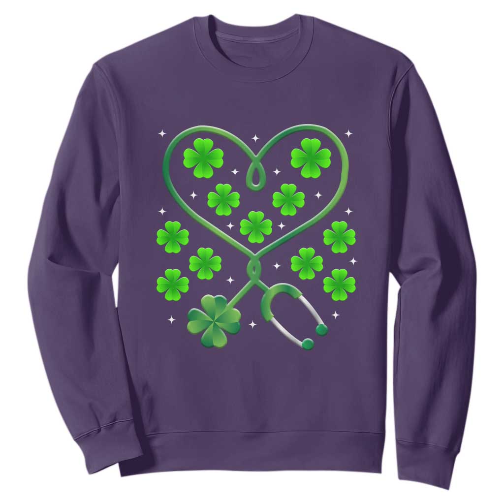 Funny Nurse St Patricks Day Sweatshirt Nursing Stethoscope Green Clover Shamrock TS02 Purple Print Your Wear