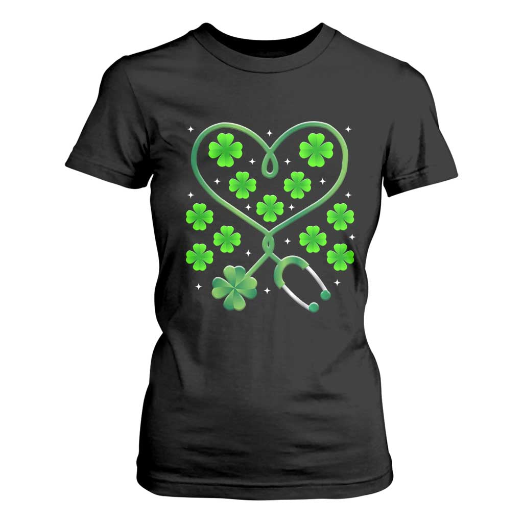 Funny Nurse St Patricks Day T Shirt For Women Nursing Stethoscope Green Clover Shamrock TS02 Black Print Your Wear