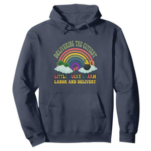 Funny Labor and Delivery St Patricks Day Hoodie Delivering The Cutiest Little Lucky Charm TS02 Navy Print Your Wear