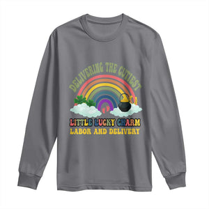 Funny Labor and Delivery St Patricks Day Long Sleeve Shirt Delivering The Cutiest Little Lucky Charm TS02 Charcoal Print Your Wear