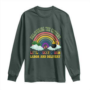 Funny Labor and Delivery St Patricks Day Long Sleeve Shirt Delivering The Cutiest Little Lucky Charm TS02 Dark Forest Green Print Your Wear