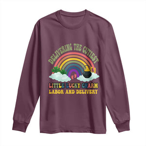 Funny Labor and Delivery St Patricks Day Long Sleeve Shirt Delivering The Cutiest Little Lucky Charm TS02 Maroon Print Your Wear