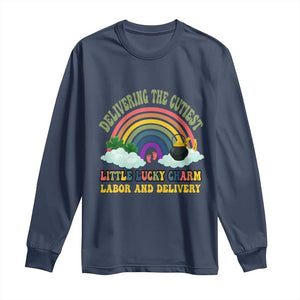 Funny Labor and Delivery St Patricks Day Long Sleeve Shirt Delivering The Cutiest Little Lucky Charm TS02 Navy Print Your Wear