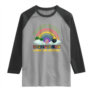 Funny Labor and Delivery St Patricks Day Raglan Shirt Delivering The Cutiest Little Lucky Charm TS02 Sport Gray Black Print Your Wear