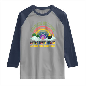 Funny Labor and Delivery St Patricks Day Raglan Shirt Delivering The Cutiest Little Lucky Charm TS02 Sport Gray Navy Print Your Wear