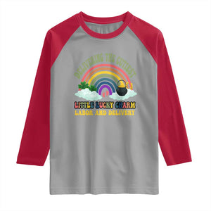 Funny Labor and Delivery St Patricks Day Raglan Shirt Delivering The Cutiest Little Lucky Charm TS02 Sport Gray Red Print Your Wear