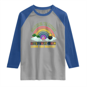 Funny Labor and Delivery St Patricks Day Raglan Shirt Delivering The Cutiest Little Lucky Charm TS02 Sport Gray Royal Print Your Wear