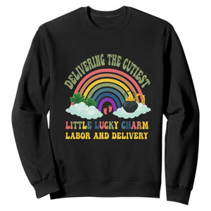 Funny Labor and Delivery St Patricks Day Sweatshirt Delivering The Cutiest Little Lucky Charm TS02 Black Print Your Wear