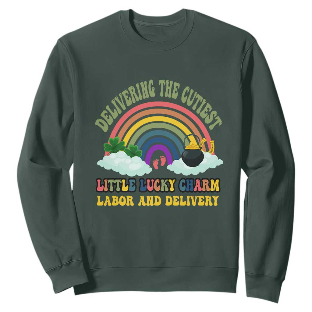 Funny Labor and Delivery St Patricks Day Sweatshirt Delivering The Cutiest Little Lucky Charm TS02 Dark Forest Green Print Your Wear