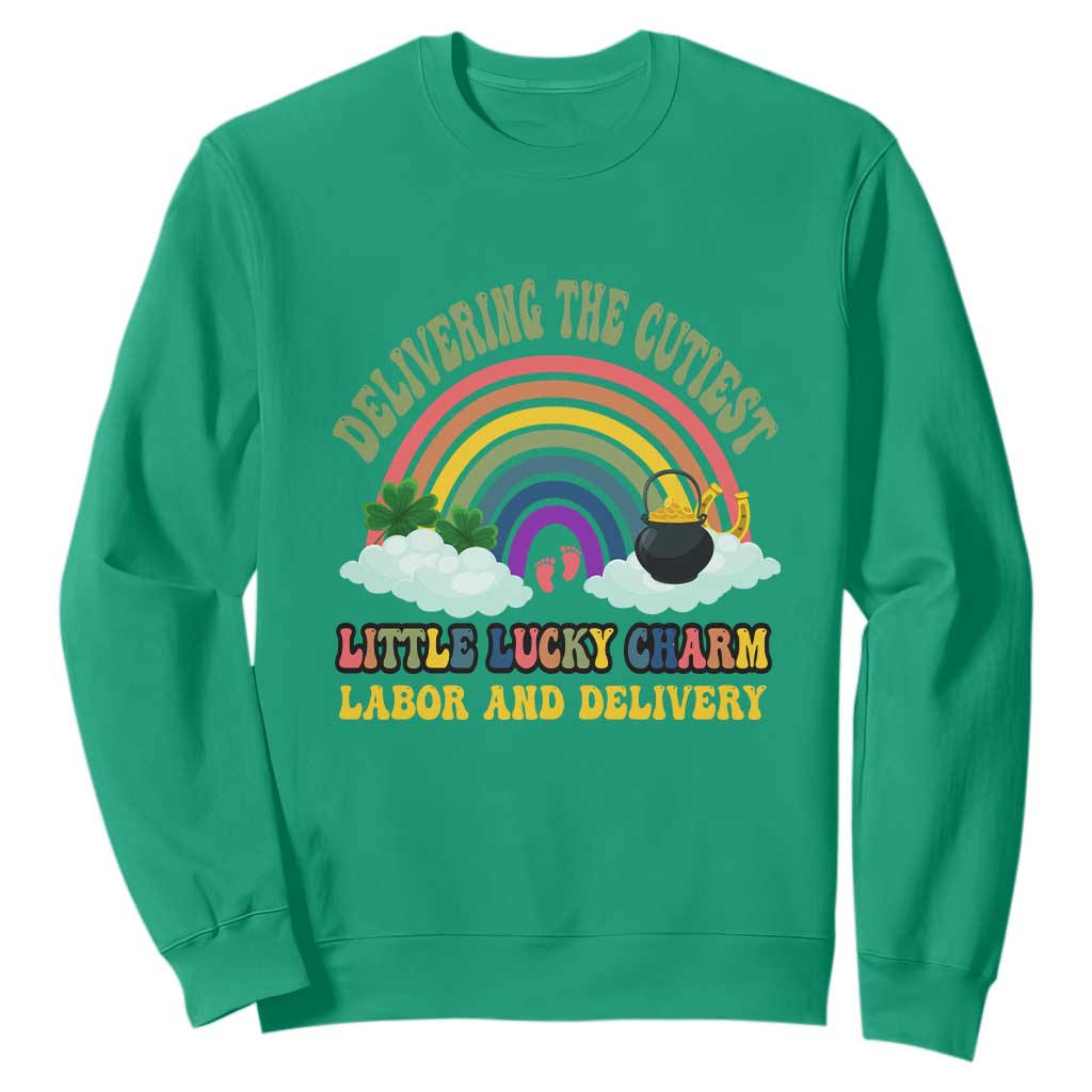 Funny Labor and Delivery St Patricks Day Sweatshirt Delivering The Cutiest Little Lucky Charm TS02 Irish Green Print Your Wear