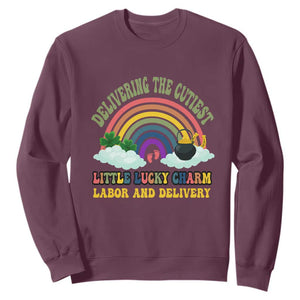 Funny Labor and Delivery St Patricks Day Sweatshirt Delivering The Cutiest Little Lucky Charm TS02 Maroon Print Your Wear