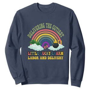 Funny Labor and Delivery St Patricks Day Sweatshirt Delivering The Cutiest Little Lucky Charm TS02 Navy Print Your Wear