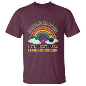 Funny Labor and Delivery St Patricks Day T Shirt Delivering The Cutiest Little Lucky Charm TS02 Maroon Print Your Wear