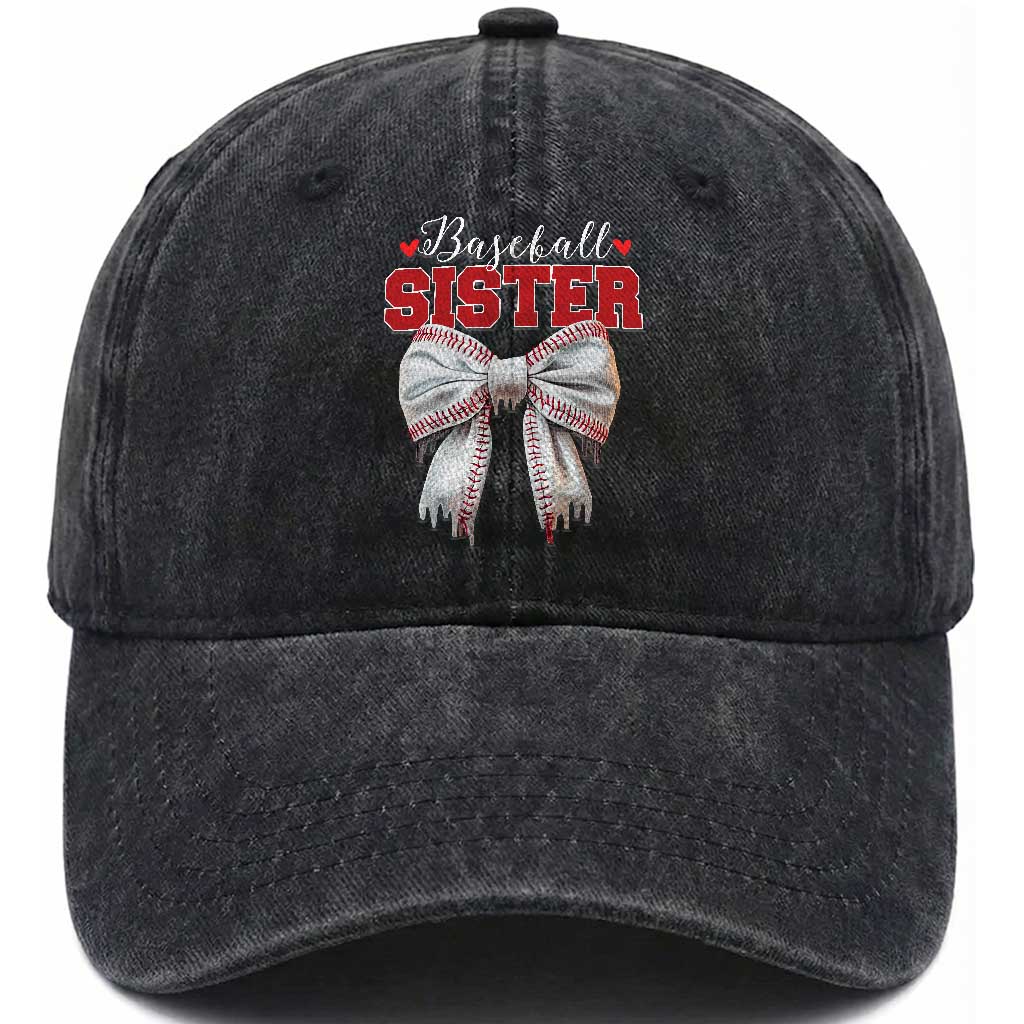 Baseball Sister Washed Cotton Baseball Cap Soft Ball Game Day Dripping Ice Cream Coquette Bow TS02 Washed Cap Universal Fit Black Print Your Wear