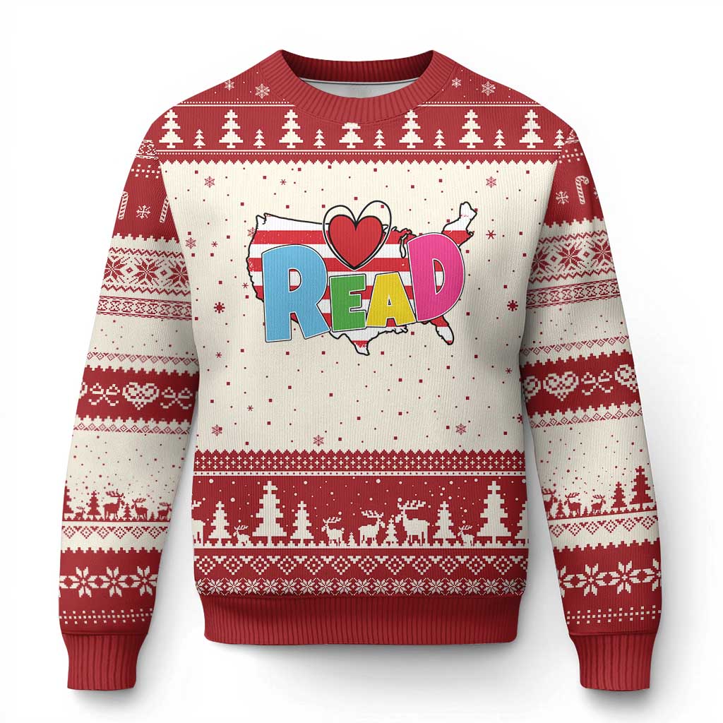 Read Lover America Map Ugly Christmas Sweater National Reading Month Bookish Book Lovers TS02 Beige Red Print Your Wear