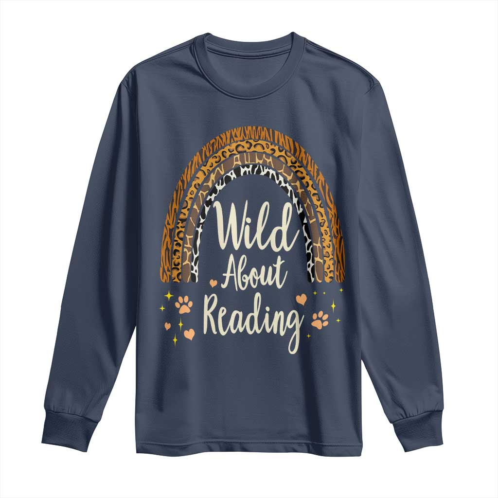 Wild About Reading Long Sleeve Shirt Teacher Student Back to School Retro Rainbow TS02 Navy Print Your Wear