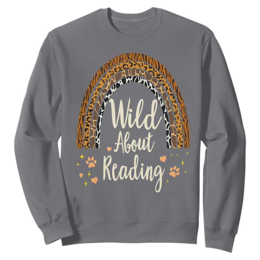 Wild About Reading Sweatshirt Teacher Student Back to School Retro Rainbow TS02 Charcoal Print Your Wear