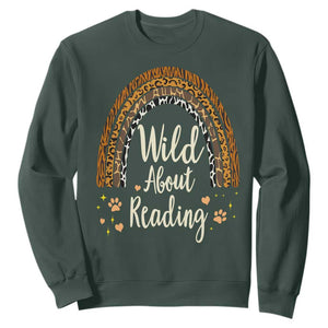Wild About Reading Sweatshirt Teacher Student Back to School Retro Rainbow TS02 Dark Forest Green Print Your Wear