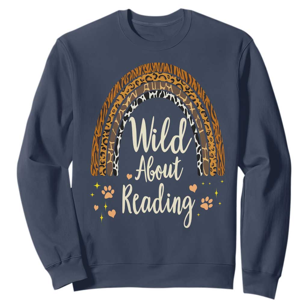 Wild About Reading Sweatshirt Teacher Student Back to School Retro Rainbow TS02 Navy Print Your Wear