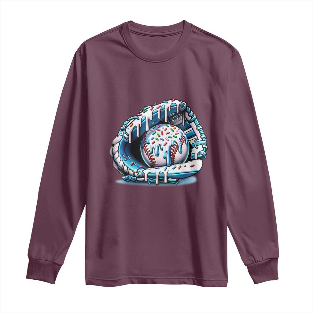 Baseball Drip Sprinkles Ice Cream Long Sleeve Shirt Ball and Glove Dripping TS02 Maroon Print Your Wear