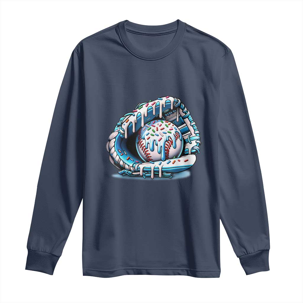 Baseball Drip Sprinkles Ice Cream Long Sleeve Shirt Ball and Glove Dripping TS02 Navy Print Your Wear