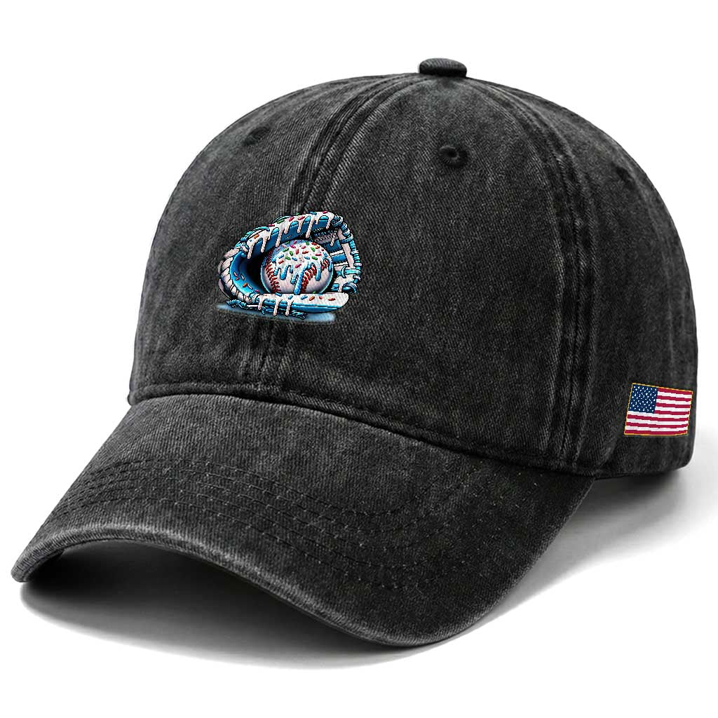 Baseball Drip Sprinkles Ice Cream Washed Cotton Baseball Cap Ball and Glove Dripping TS02 Print Your Wear