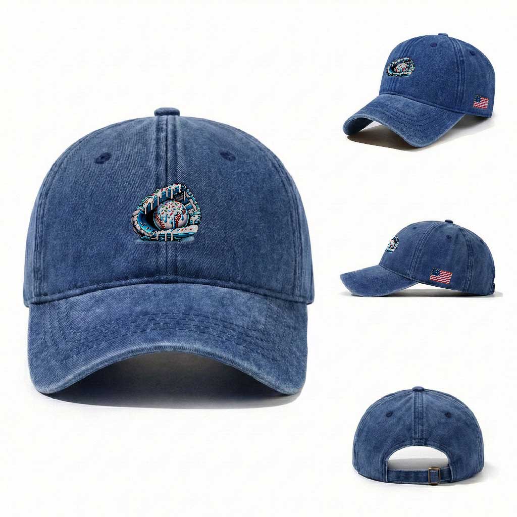 Baseball Drip Sprinkles Ice Cream Washed Cotton Baseball Cap Ball and Glove Dripping TS02 Washed Cap Universal Fit Royal Blue Print Your Wear