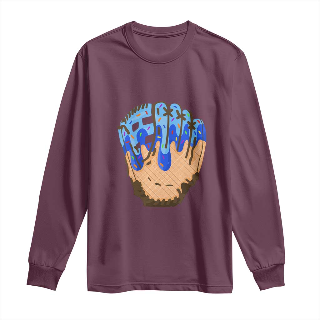 Blue Ice Cream Cone Baseball Glove Drip Long Sleeve Shirt TS02 Maroon Print Your Wear