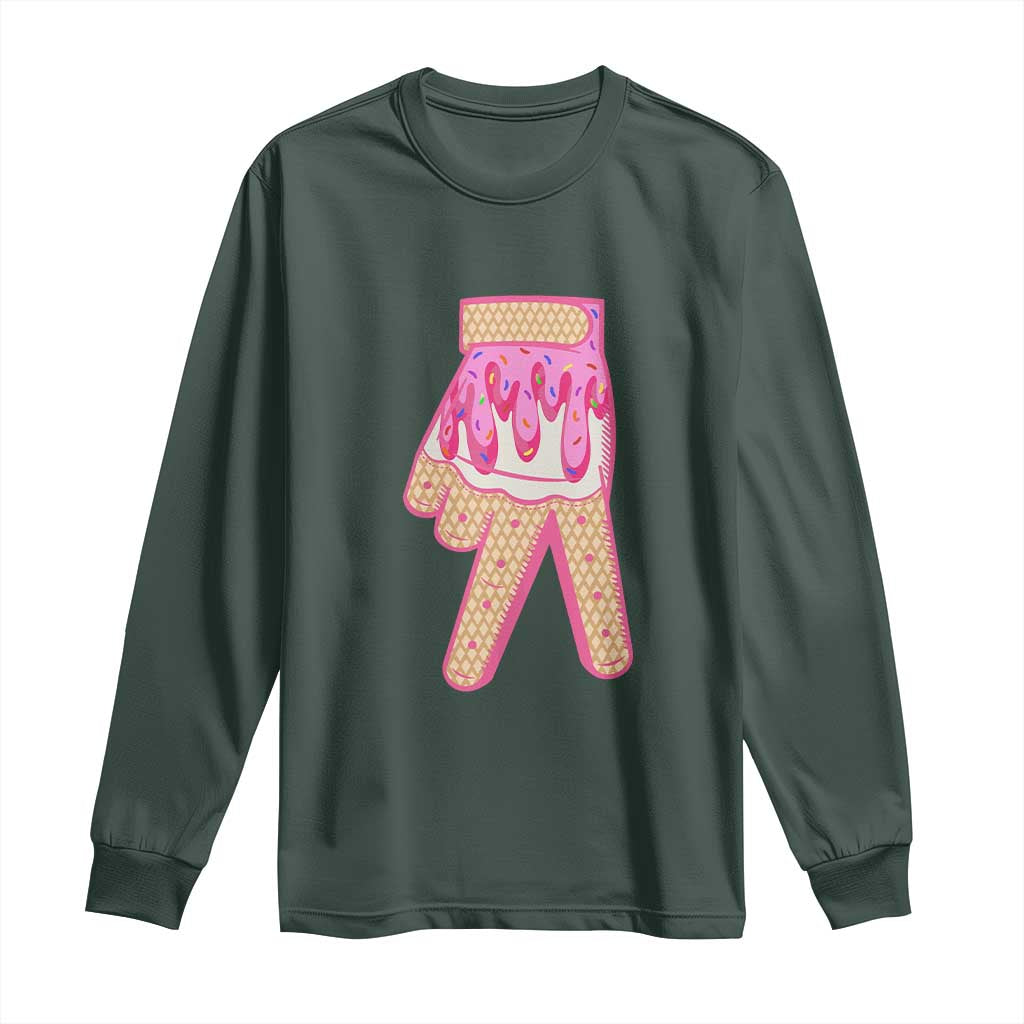 Pink Ice Cream Baseball Glove Sprinkles Drip Long Sleeve Shirt Funny V Sign TS02 Dark Forest Green Print Your Wear