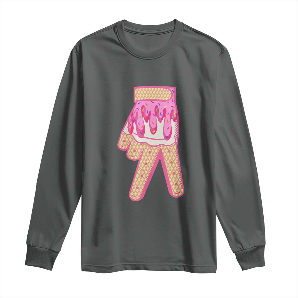 Pink Ice Cream Baseball Glove Sprinkles Drip Long Sleeve Shirt Funny V Sign TS02 Dark Heather Print Your Wear