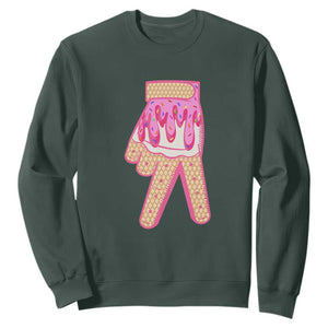 Pink Ice Cream Baseball Glove Sprinkles Drip Sweatshirt Funny V Sign TS02 Dark Forest Green Print Your Wear