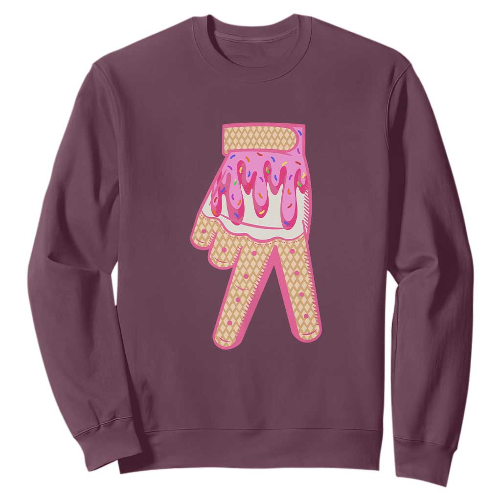 Pink Ice Cream Baseball Glove Sprinkles Drip Sweatshirt Funny V Sign TS02 Maroon Print Your Wear