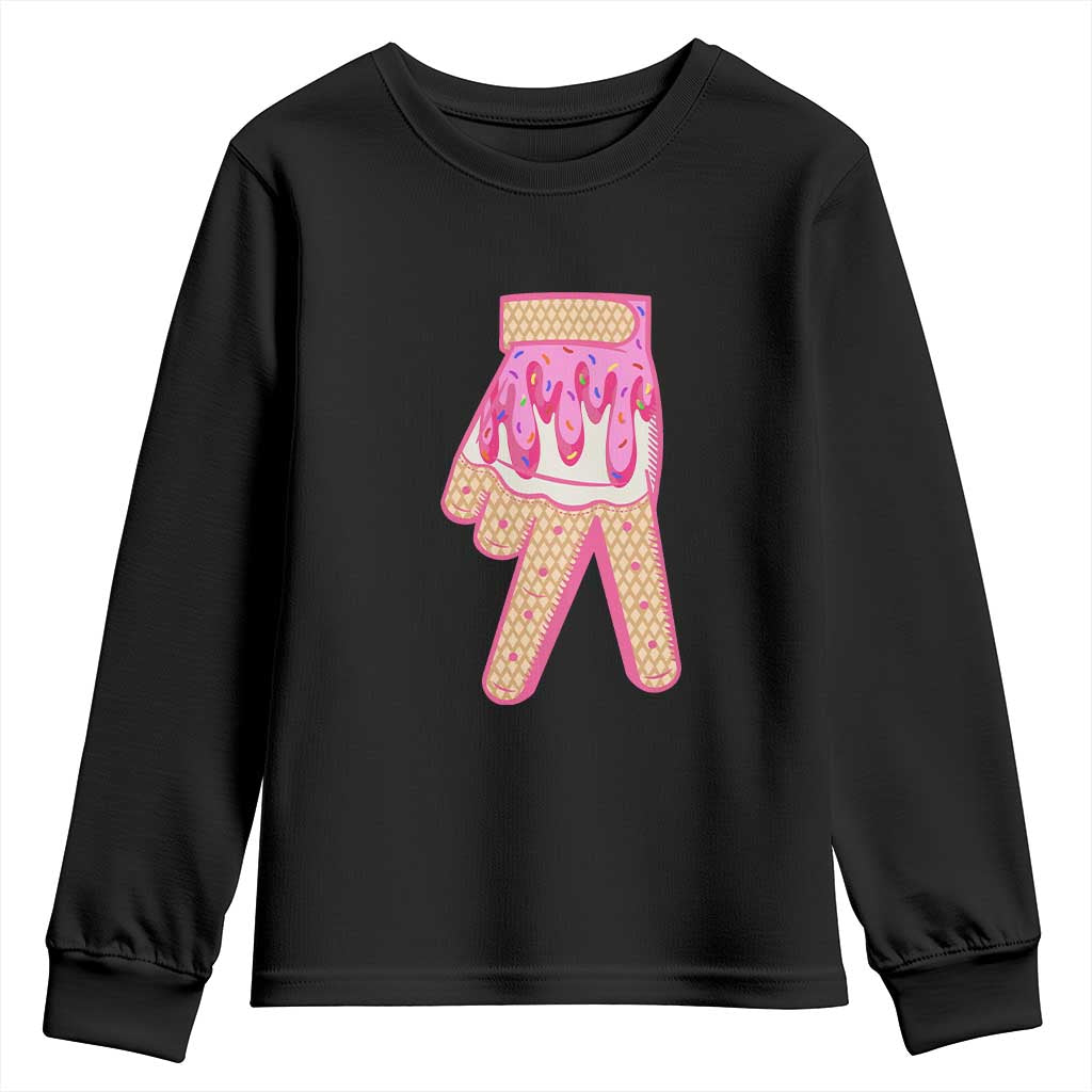 Pink Ice Cream Baseball Glove Sprinkles Drip Youth Sweatshirt Funny V Sign TS02 Black Print Your Wear