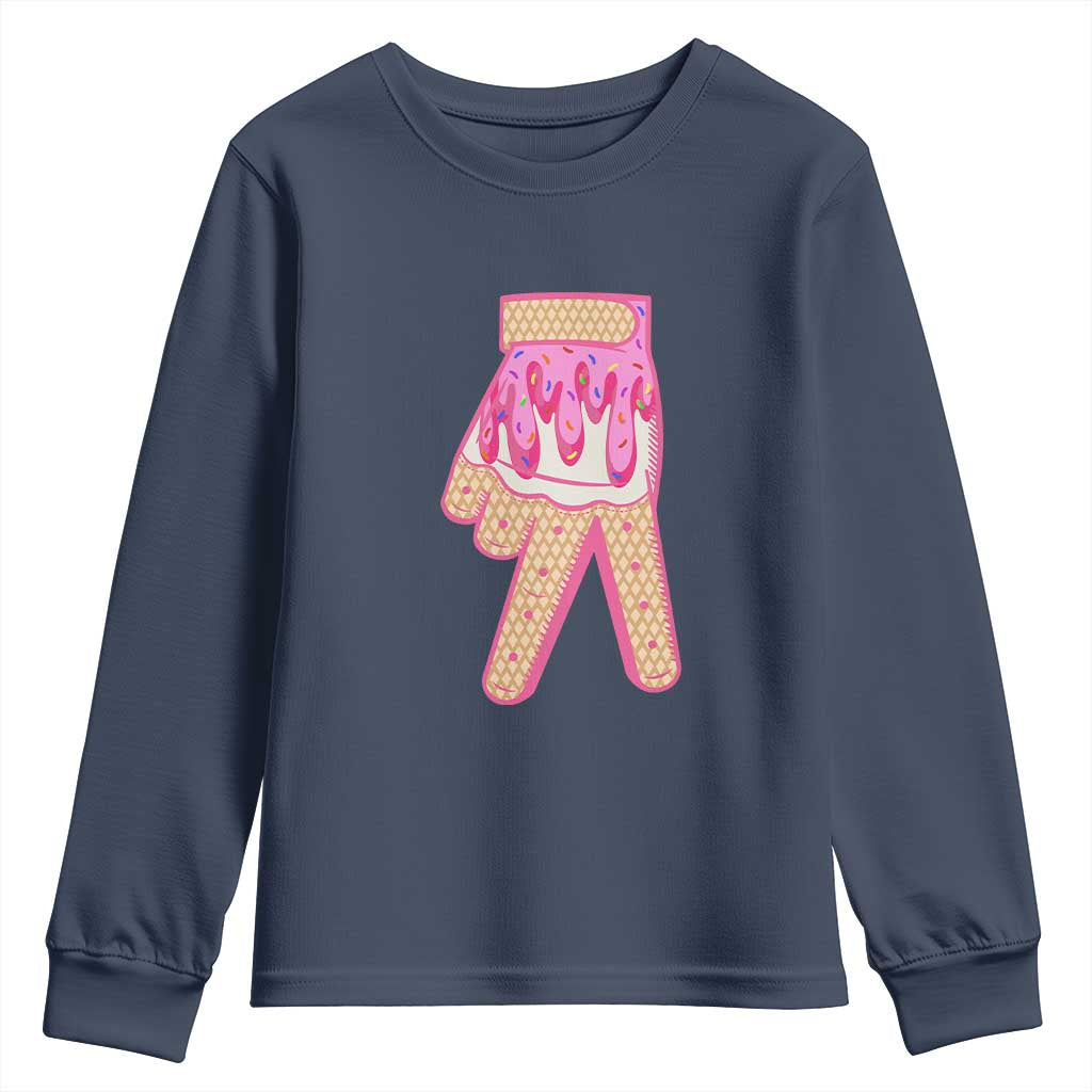 Pink Ice Cream Baseball Glove Sprinkles Drip Youth Sweatshirt Funny V Sign TS02 Navy Print Your Wear