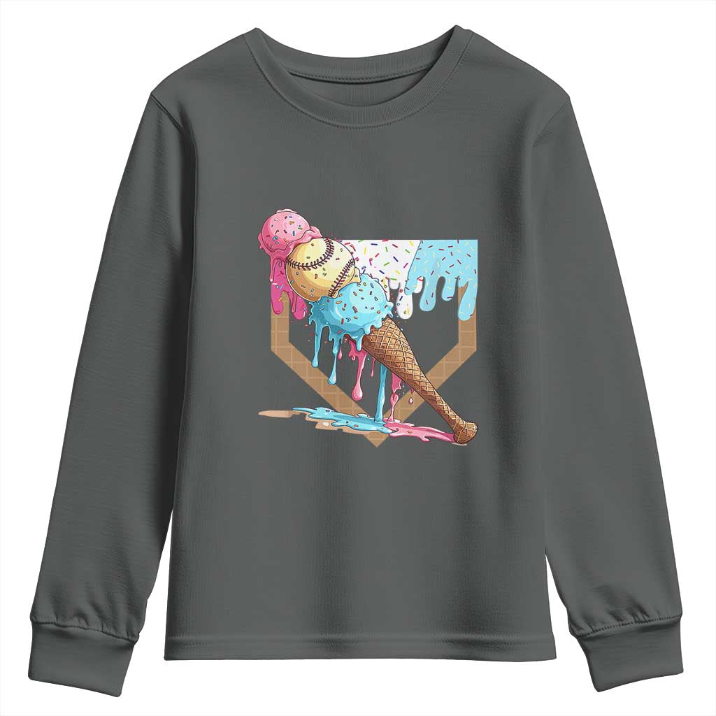 Baseball Home Ice Cream Dripping Youth Sweatshirt TS02 Dark Heather Print Your Wear