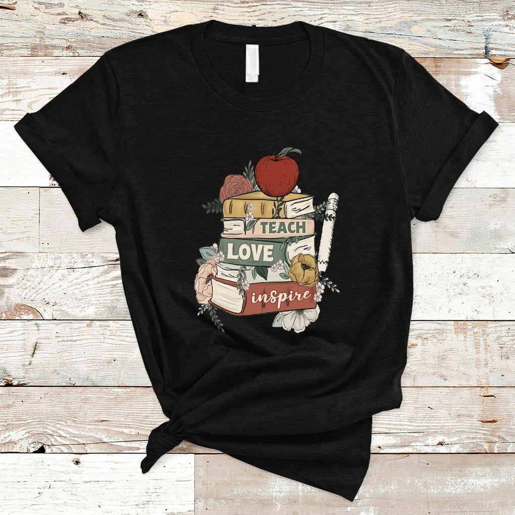 Teach Love Inspire Floral Books Back To School Teacher Life T Shirt TS02 Black Printyourwear