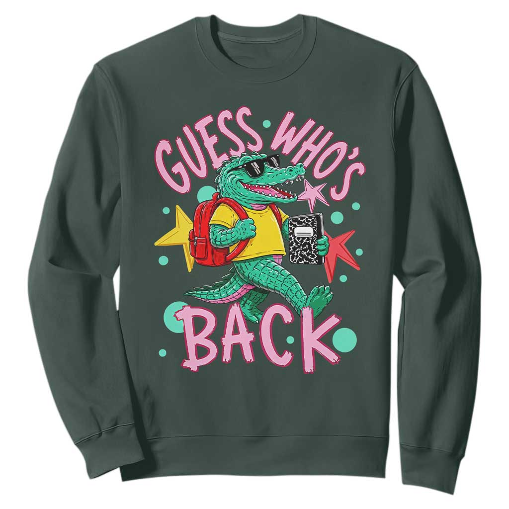 Funny Retro Alligator First Day of School Sweatshirt Guess Who is Back Cute Kids Gift TS02 Dark Forest Green Print Your Wear