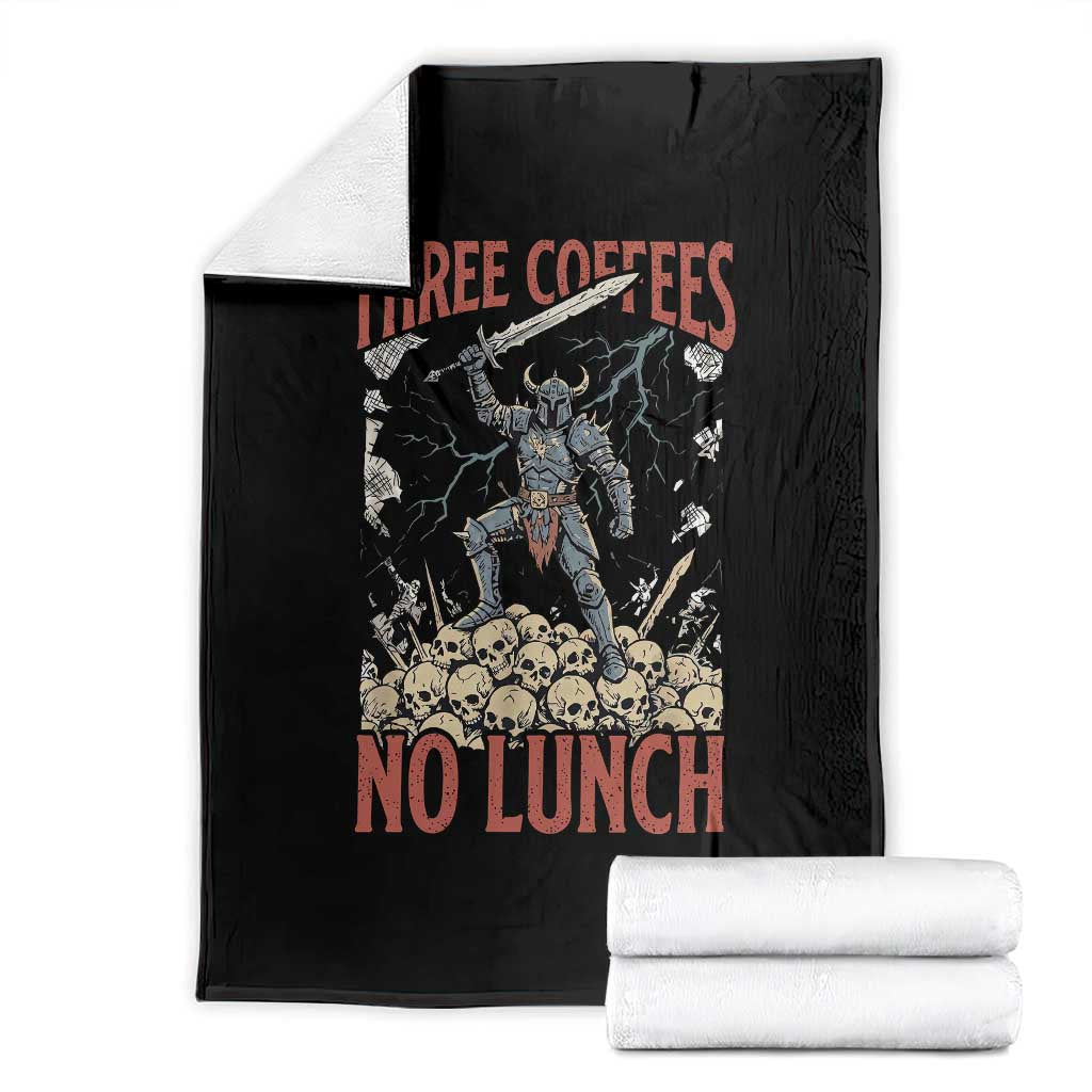 Funny Coffee Lover Fantasy Knight Graphic Throw Blanket Three Coffees No Lunch Work Humor Dark Fantasy Parody TS02 Black Print Your Wear