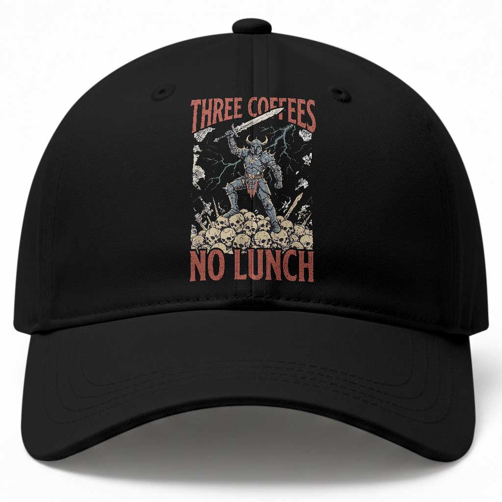 Funny Coffee Lover Fantasy Knight Graphic Baseball Cap Three Coffees No Lunch Work Humor Dark Fantasy Parody TS02 Print Your Wear