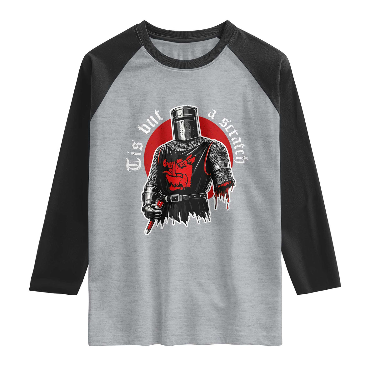 Funny One Arm Knight Medieval Raglan Shirt Tis But A Scratch Classic Dark Humor Parody TS02 Heather Gray Black Print Your Wear