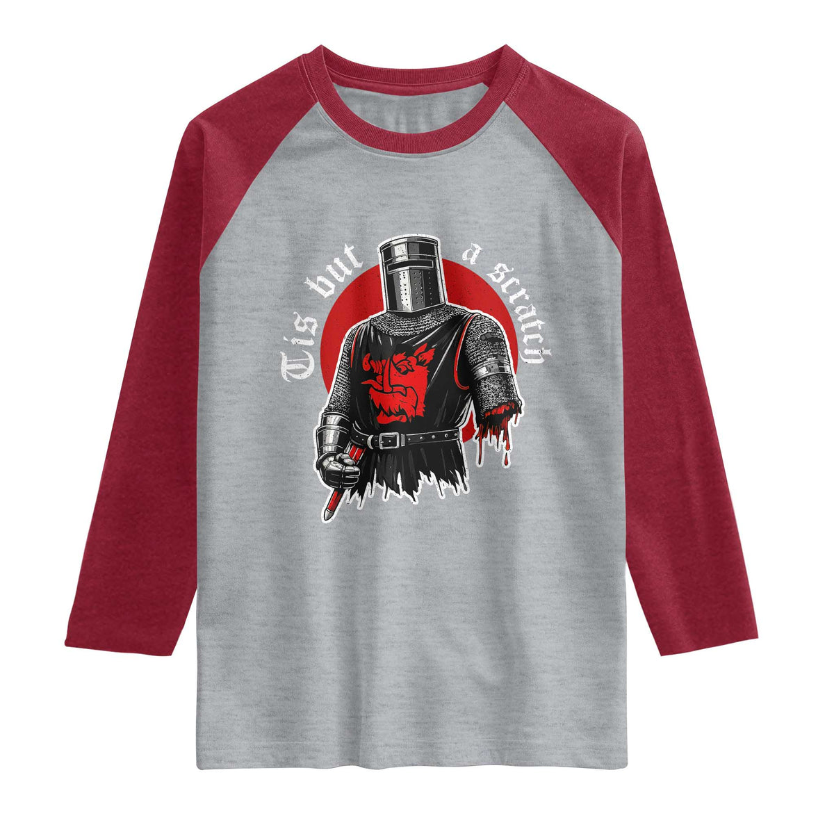 Funny One Arm Knight Medieval Raglan Shirt Tis But A Scratch Classic Dark Humor Parody TS02 Heather Gray Heather Red Print Your Wear
