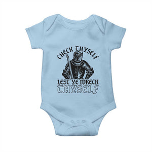 Funny Medieval Hip Hop Old English Parody Baby Onesie Check Thyself Lest Ye Wreck Thyself TS02 Light Blue Print Your Wear
