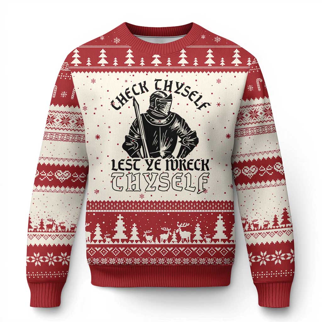 Funny Medieval Hip Hop Old English Parody Ugly Christmas Sweater Check Thyself Lest Ye Wreck Thyself TS02 Beige Red Print Your Wear