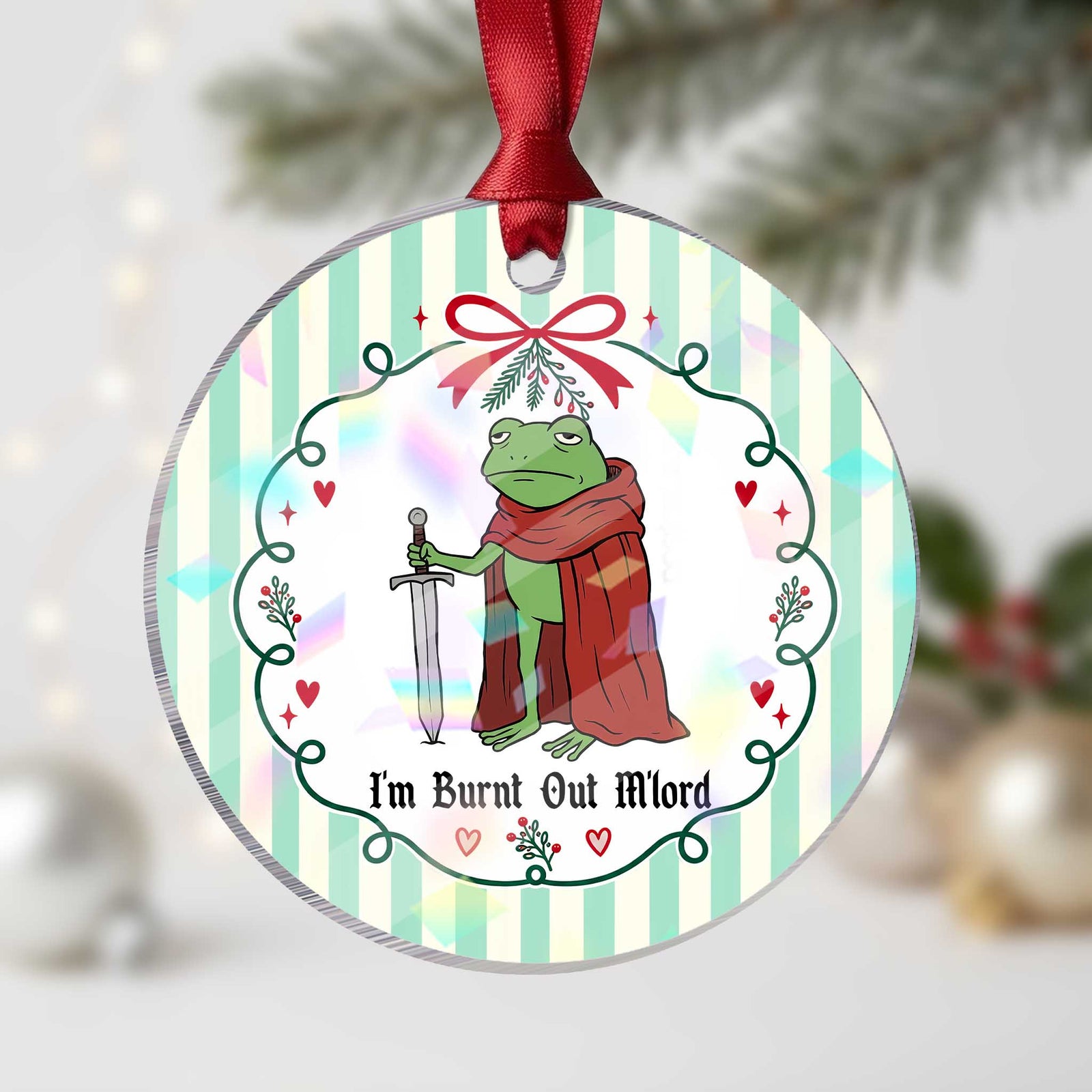 Funny Medieval Frog Knight Fantasy Sword Meme Holographic Acrylic Ornament Im Burnt Out Mlord Fantasy Meme