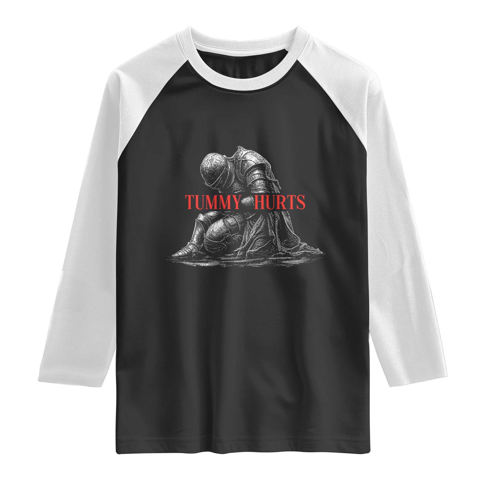 Funny Tummy Hurts Knight Graphic Raglan Shirt Warrior Medieval Sarcastic Dark Fantasy Slumped Renaissance Meme TS02 Black White Print Your Wear