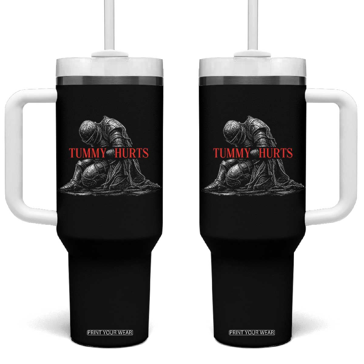 Funny Tummy Hurts Knight Graphic Tumbler With Handle Warrior Medieval Sarcastic Dark Fantasy Slumped Renaissance Meme TS02 One Size: 40 oz Black Print Your Wear