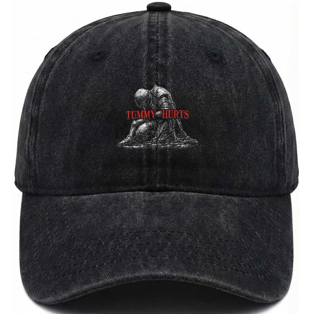 Funny Tummy Hurts Knight Graphic Washed Cotton Baseball Cap Warrior Medieval Sarcastic Dark Fantasy Slumped Renaissance Meme TS02 Print Your Wear