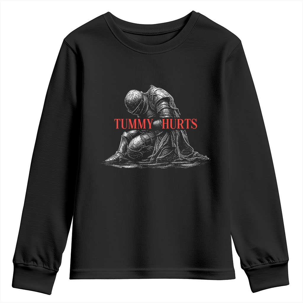 Funny Tummy Hurts Knight Graphic Youth Sweatshirt Warrior Medieval Sarcastic Dark Fantasy Slumped Renaissance Meme TS02 Black Print Your Wear